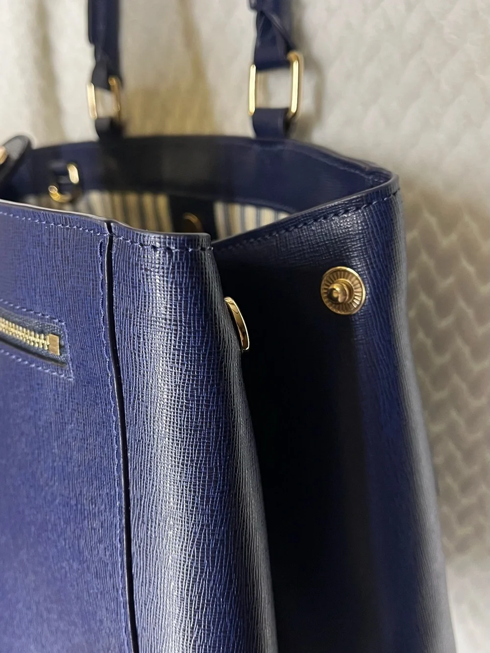LIKE NEW Dooney & Bourke Blue Saffiano Satchel Top Handle, Striped Lining